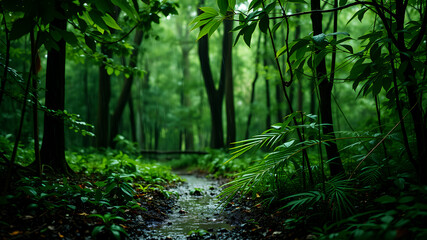 Obraz premium A lush green forest during a light rain shower, with raindrops dripping off leaves and creating small puddles on the forest floor. The scene is filled with earthy tones and a refreshing ambiance, high