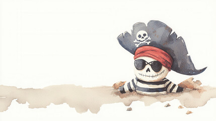 A pirate-themed Halloween costume with a tricorne hat, eyepatch, and striped shirt, done in rich watercolor tones
