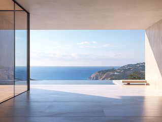 Modern coastal home interior overlooking the serene ocean view on a clear sunny day