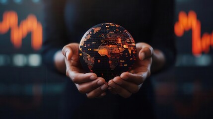 Fototapeta premium Hands holding a digital globe surrounded by stock symbols, global finance, stock market