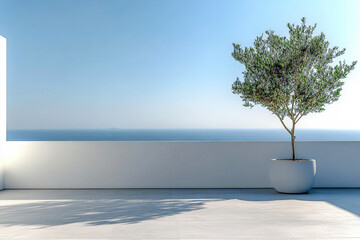 A serene coastal view featuring a single olive tree in a modern pot against the backdrop of a clear blue sky and sea