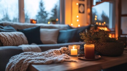 Cozy Living Room with Ambient Light and Snow Outside