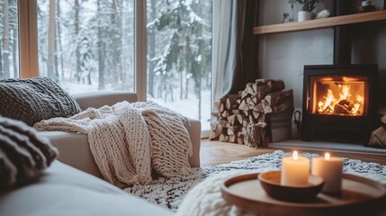 Fototapeta premium cozy living room with fireplace in winter season with snow outside