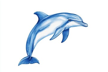 Fototapeta premium A beautiful dolphin illustration in blue tones, leaping gracefully on a white background.
