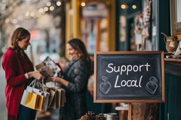 Two women shopping with "Support Local" sign outside store, concept Small Business Saturday