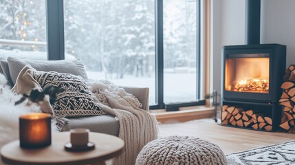 cozy living room with fireplace in winter season with snow outside