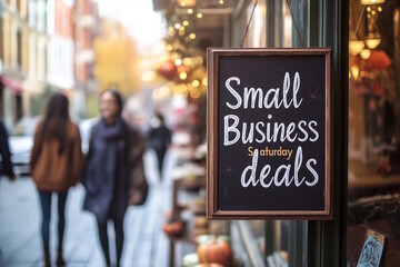 "Small Business Saturday deals" sign hanging on busy street, concept retail promotions