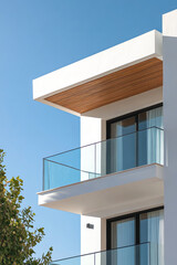 Modern architectural design of a balcony on a white building under a clear blue sky in a sunny location