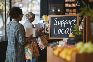 Two women shopping with "Support Local" sign inside store, concept Local Commerce
