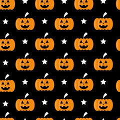 Vector seamless Halloween pattern with orange pumpkins on a black background