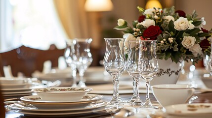 Fototapeta premium Elegant Table Setting with Wine Glasses and Floral Arrangement