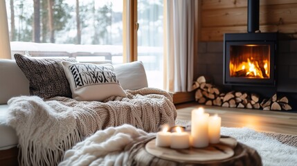Fototapeta premium cozy living room with fireplace in winter season with snow outside