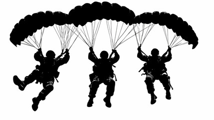 Military soldiers in the air with parachute / silhouette vector