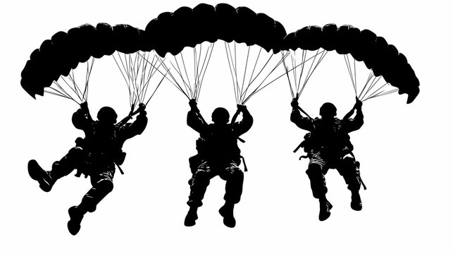 Military soldiers in the air with parachute / silhouette vector