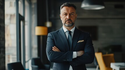 Fototapeta premium Professional businessman or company manager, executive looking at the camera, standing in the office.