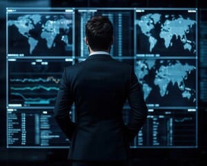 Businessman in front of digital screens with global stock charts, stock market, global trends