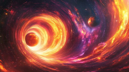A mesmerizing abstract universe featuring swirling stars and planets, with vibrant colors of orange, purple, and black creating cosmic whirlpool. scene evokes sense of wonder and exploration
