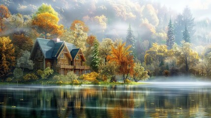 Fototapeta premium Beautiful Wooden House by Emerald Green Lake Surrounded by Forests.