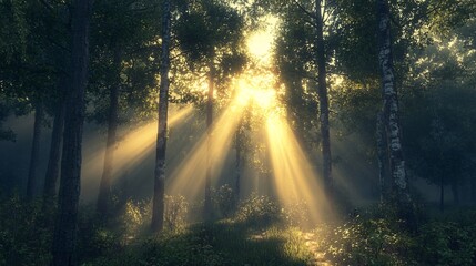 Fototapeta premium Sunbeams Piercing Through a Misty Forest