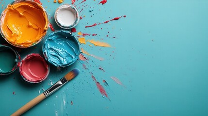 An artistic arrangement of colorful paint splashes and brushes arrayed on a light blue background, highlighting the creative process and vivid expression in artistic endeavors.