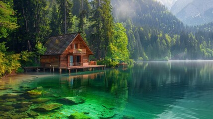 Fototapeta premium Stunning Wooden House by Emerald Lake Surrounded by Forest and Hills