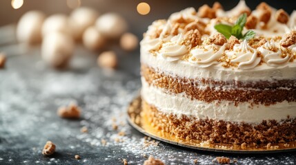 Elegant layered gourmet cake with creamy frosting, topped with crunchy nuts and a touch of fresh mint, beautifully showcased for special events or daily enjoyment.