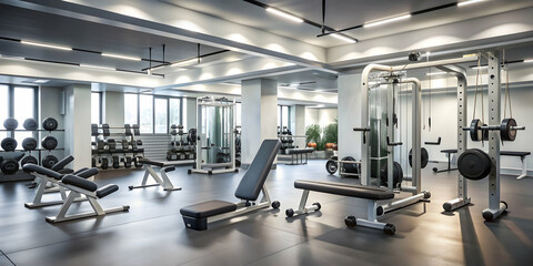 Gym background with various exercise equipment and mirrors , fitness, workout, health, exercise