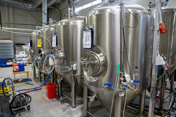 Jyväskylä, Finland - 07.10.2024: Beer brewing equipment in brewery