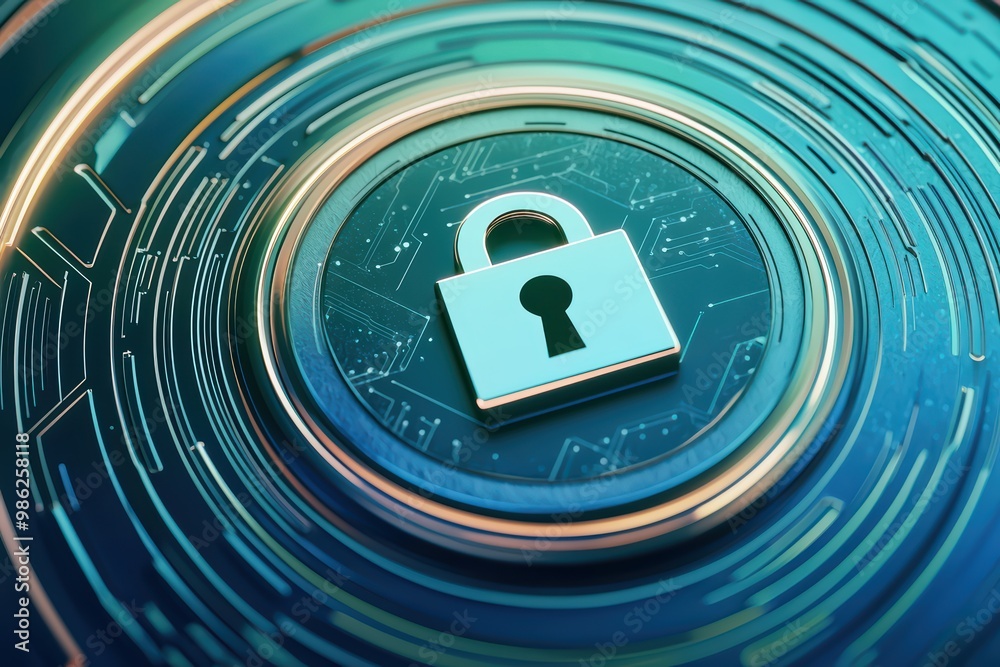 Poster a digital padlock symbol surrounded by a circular technology pattern, emphasizing security and digit