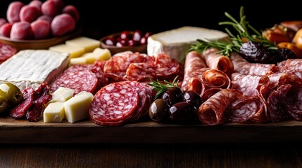A deluxe charcuterie spread featuring a variety of high-quality cheeses and meats like salami and prosciutto, complemented with olives and dried fruits for an upscale dining experience.
