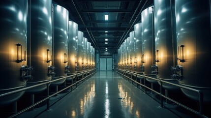 Rows of large, stainless steel tanks illuminate a modern brewery's industrial interior, showcasing symmetry and the precision of brewing craft.