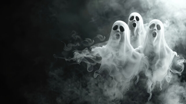Halloween ghost and boo spirits on a black background. Halloween flying ghosts with scary faces. Place for text.