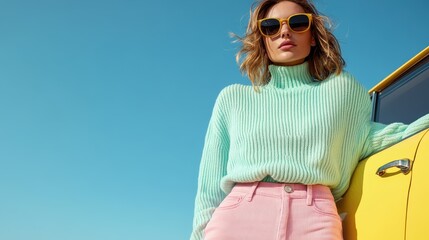 A fashionable woman in chic attire leans against a yellow car, set against a clear blue sky, embodying a relaxed and stylish vibe with a touch of retro flair and modern elegance.