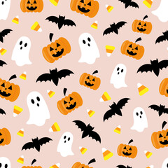 Obraz premium Vector seamless Halloween pattern with orange pumpkins, bats, ghosts and candies