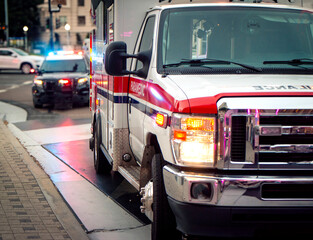 An ambulance with lights activated and a police car behind it  in an urban environment 003