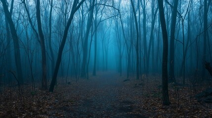 Fototapeta premium horror foggy mystery forest at night time, scary scene