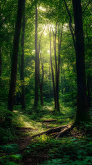Obraz premium Splendid Display of a Well-managed, Dense Forest Illuminated by Subtle Sunlight: A Synthesis of Nature and Sustainable Timber Production