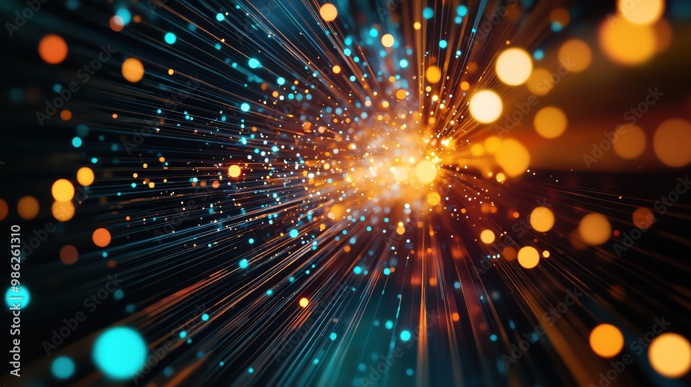 Poster vibrant abstract background with glowing particles and light rays, creating a sense of depth and mot