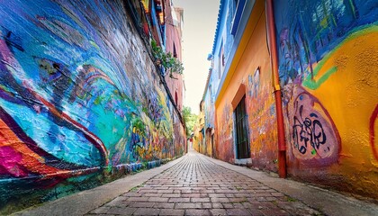 Fototapeta premium A vibrant alleyway adorned with colorful street art, leading towards a bright light at the end, showcasing urban creativity.