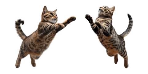 Two tabby cats playfully leaping and interacting in mid-air on a transparent background