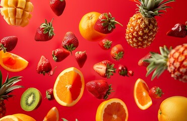 Fruit and berries with water droplets suspended in air on a red background.