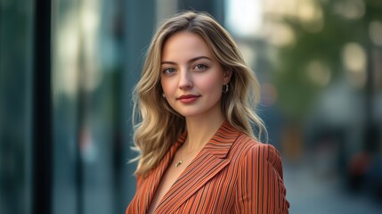Fototapeta premium Successful Young Woman in Corporate Attire Standing in Downtown Business Area Symbolizing Leadership, Success and Modern Work Life