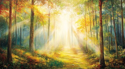 Sunlight Streaming Through a Dense Autumnal Forest