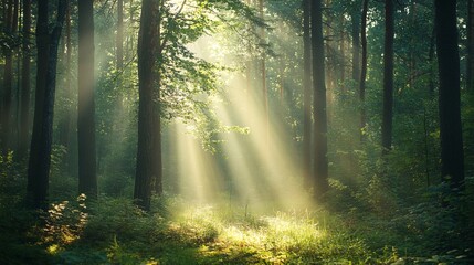 Obraz premium Sunbeams illuminating a misty forest path