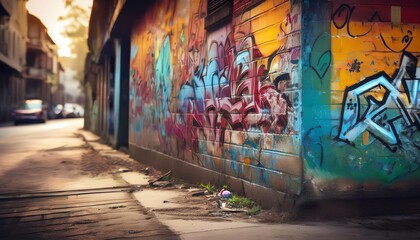 Fototapeta premium A vibrant alleyway featuring a colorful graffiti-covered wall, showcasing urban art amidst a tranquil, sunlit atmosphere.