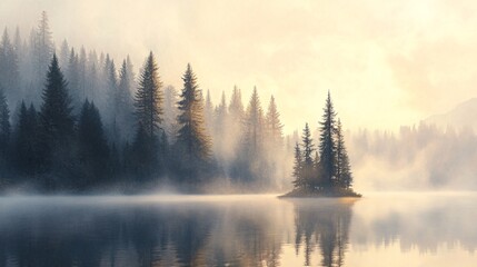 Misty Morning Lake with Pine Trees and Golden Light