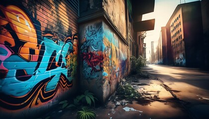 Obraz premium A vibrant alleyway adorned with colorful graffiti, overgrown plants, and abandoned urban structures, capturing the essence of street art and urban decay.