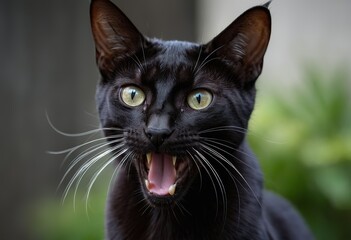 A sleek, black cat with striking yellow eyes is standing on a stone ledge