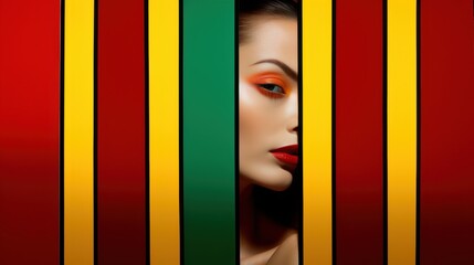 A striking portrait features a close-up of a woman's face through vibrant, colorful vertical panels, highlighting red lipstick and bold eye makeup.