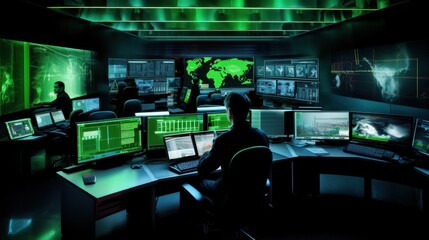 A high-tech command center with multiple screens displaying green data and world maps, evoking a sense of advanced technology and control.